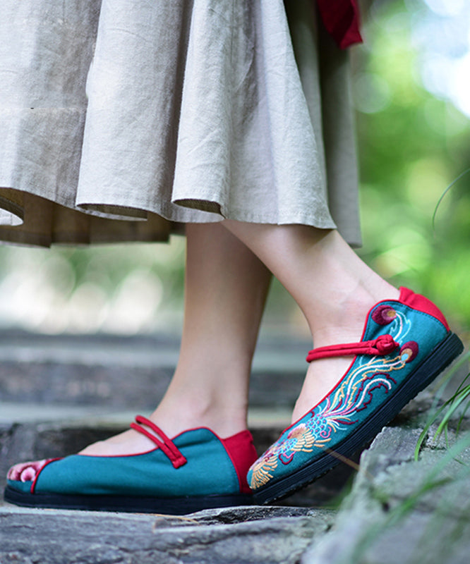 Blue Embroideried Flat Feet Shoes Cotton Fabric Buckle Strap Flat Shoes for
