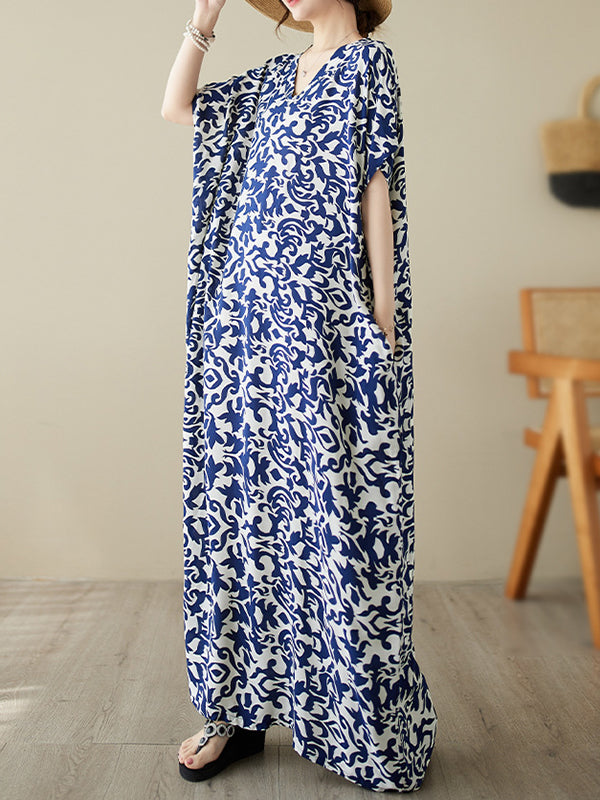 Batwing Sleeves Loose Printed V-neck Maxi Dresses