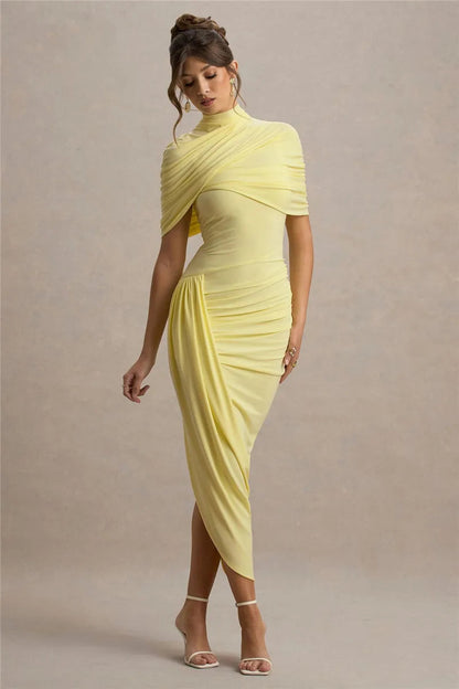 Lyricara — Backless Maxi Dress With Ruched Waist and Turtleneck