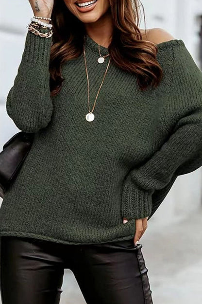 Off-shoulder Crew-neck Loose Knit Sweater