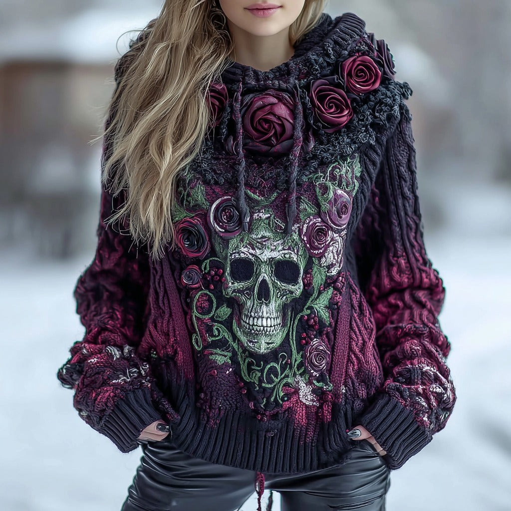 Women's Halloween Skull And Roses Knitted Hooded Sweater elevenforest
