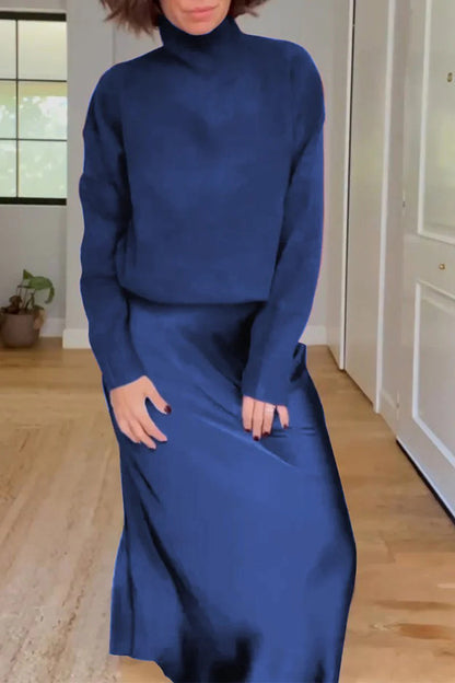 Jaelyn Color Turtleneck Long Sleeve Sweater and Satin Elastic Waist Maxi Skirt Set