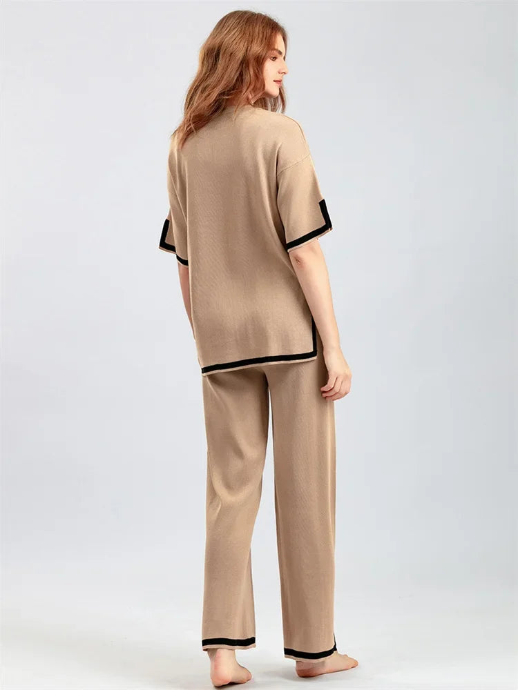 Contrast Knit Trousers 2 Piece-set Female Slim Patchwork Loose Pullover and Wide Leg ’s Pants Sets
