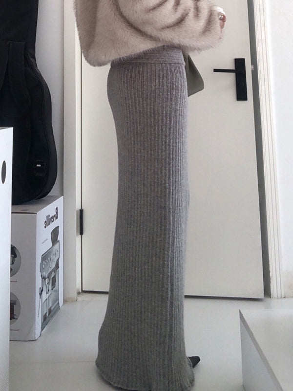 Grey Turned Waist Low Rise Maxi Skirt