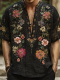 Bohemian Style Three-dimensional Multi-colored Floral Silver Rhinestone Men's V-neck Short-sleeved Shirt elevenforest