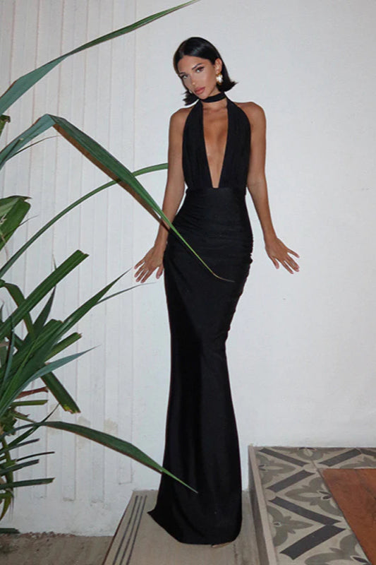 V-neck Halter Backless Slit Maxi Dress