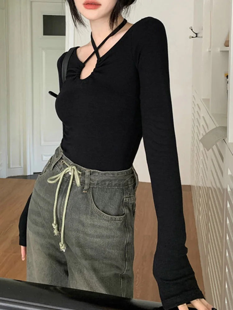 Autumn Korean Y2k T-shirt Woman Japanese Halter Bandage V-neck Skinny Long Sleeve Autum Tee Shirt Tshirt Tops
