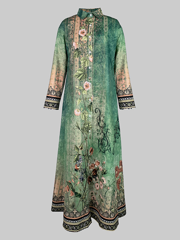 Long Sleeves Loose Buttoned Flower Print Split-joint Lapel Maxi Dresses Outerwear Shirt Dress