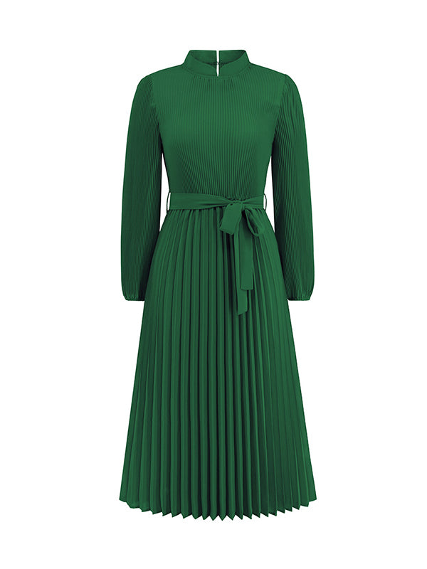 Bishop Sleeve High Waisted Hollow Pleated Color Tied Waist Mock Neck Midi Dresses