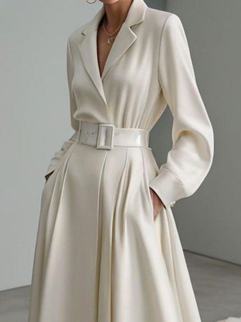 Long Sleeves Loose No Belt Color Notched Collar Maxi Dresses