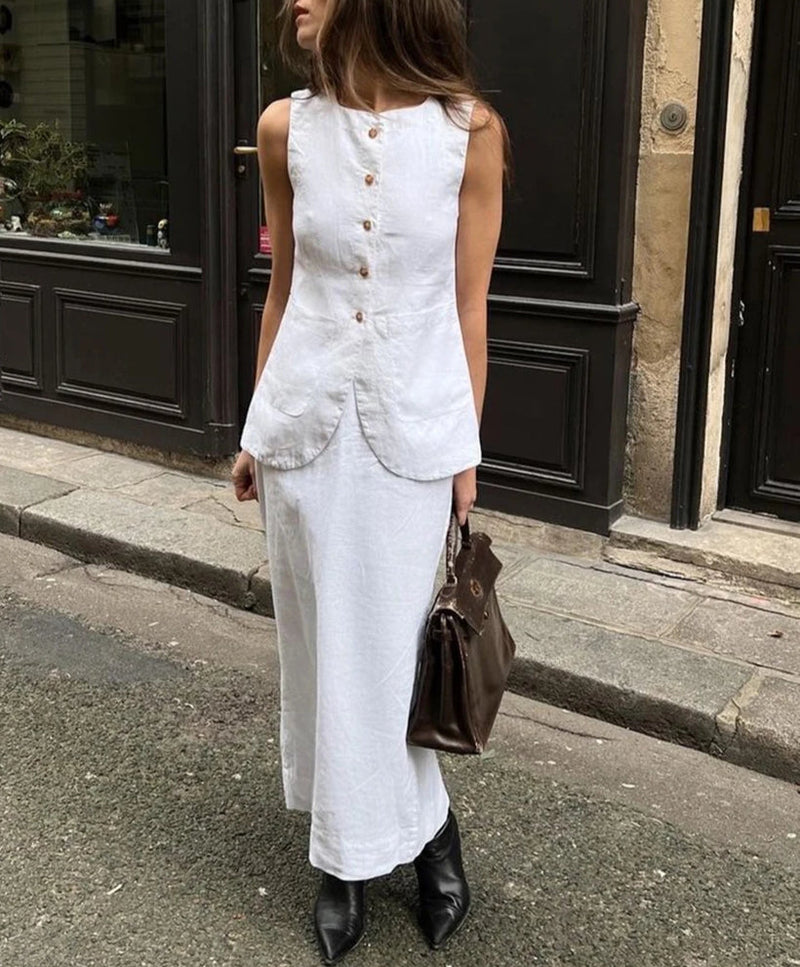White Cotton Sleeveless Long Skirt Office Two Piece Set