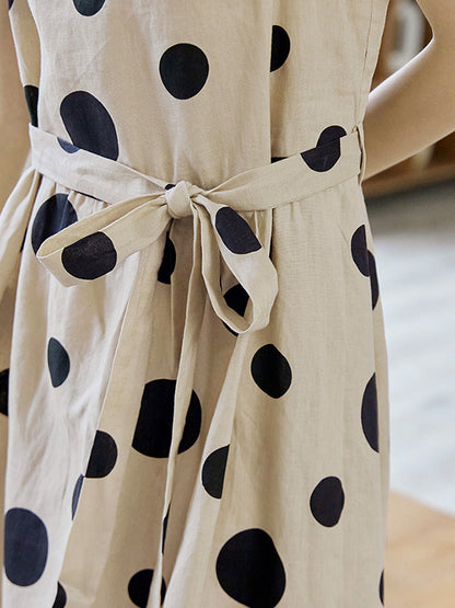 Loose Sleeveless Contrast Color Pleated Polka-dot Split-joint Tied Waist Round-neck Midi Dresses