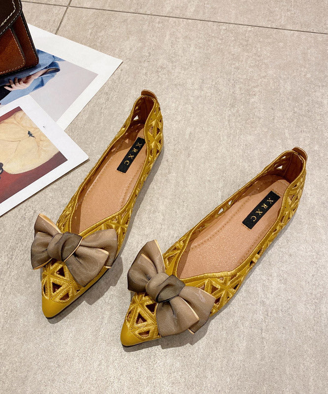 Yellow Pointed Toe Hollow Out Bow Flat Feet Shoes