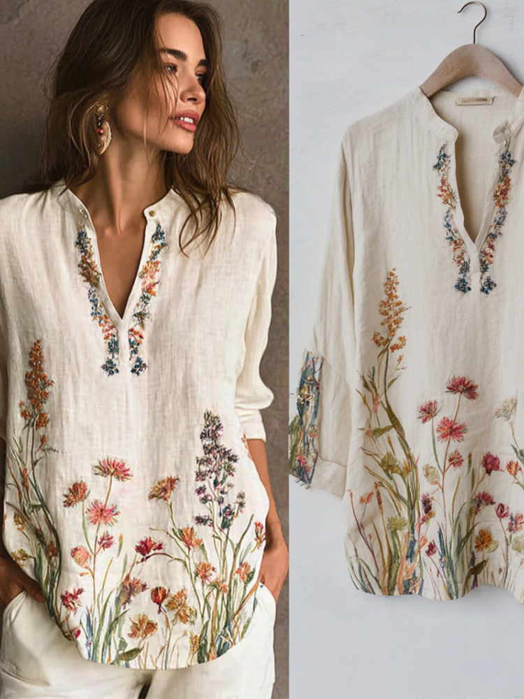 Bohemian Style Plant And Flower Elements Cotton And Linen Material Women's Shirt elevenforest