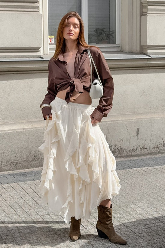 Apricot Ruffle Lace Trim Skirt