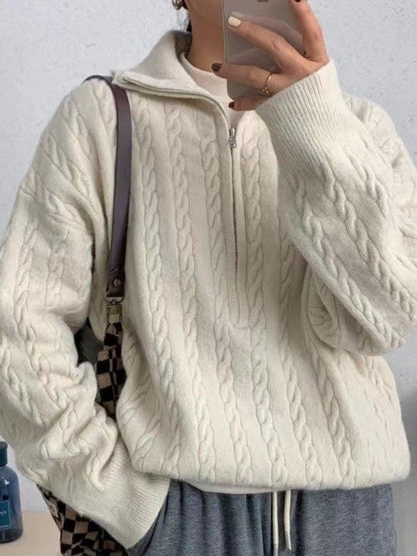 Color Lapel Neck Cable Half Zip Knit Sweater