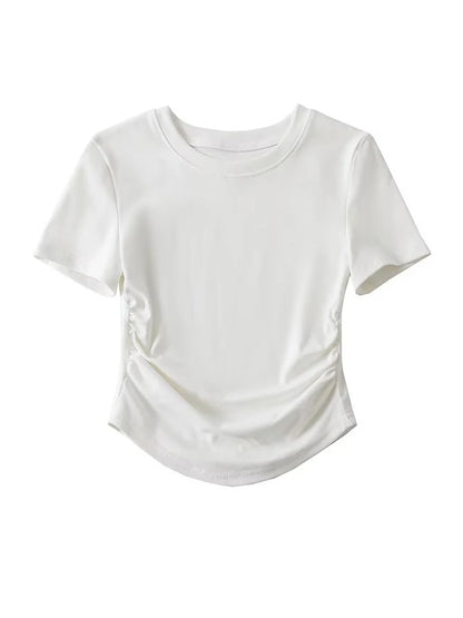 Harajuku Crew Neck Short Sleeve Cotton Tee With Ruched Sides Detail T-shirts
