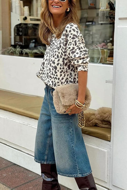 Leopard Print Crew Neck Long Sleeve Sweater