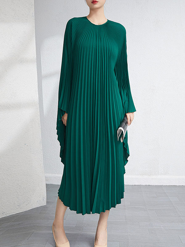 Urban Flared Batwing Sleeves Pleated Color Round-neck Midi Dresses