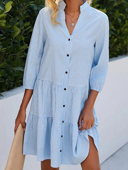 A-line Loose Buttoned Plaid Split-joint Stand Collar Mini Dresses Shirt Dress