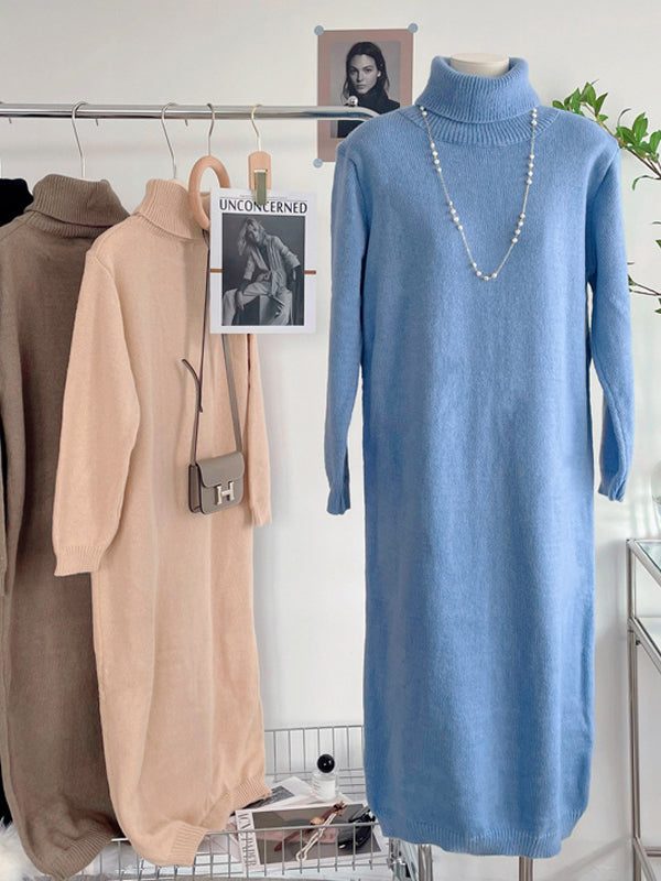 Long Sleeves Loose Color High-neck Sweater Dresses