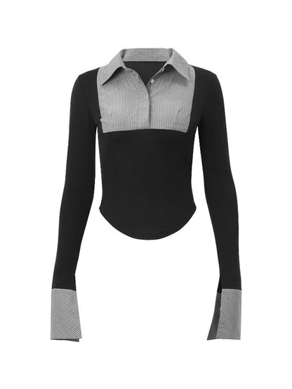 Black Stripe Splice Polo Neck Long Sleeve Blouse