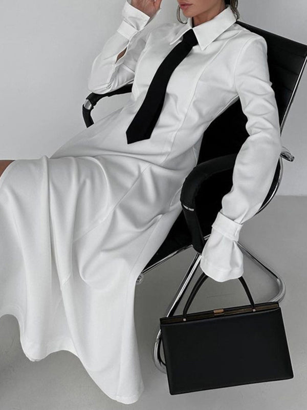 A-line Flared Sleeves Buttoned Color Split-joint Split-side Lapel Maxi Dresses Shirt Dress