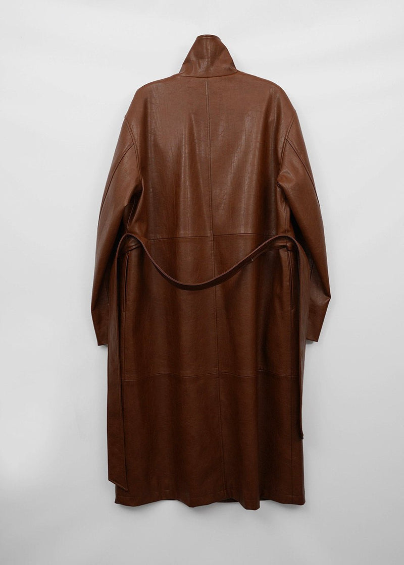 Brown Belted Leather Trench Coat - Single-breasted