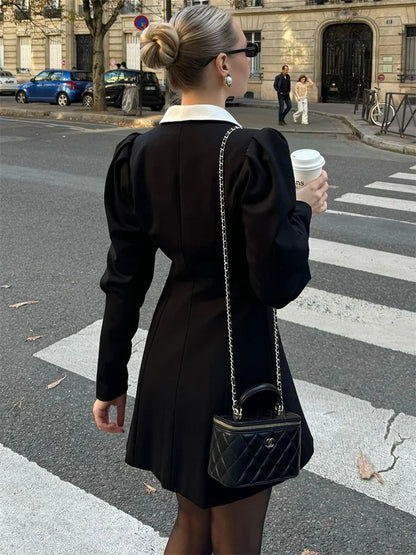 Autumn Mini Dress for Patchwork Slim Long Sleeve V-neck High Waist Commute Female Party Dress