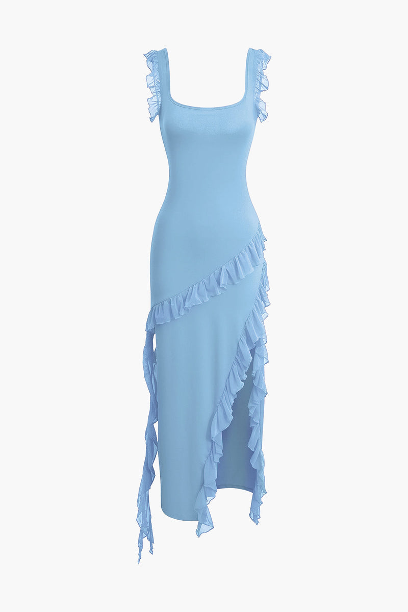 Color Ruffle Trim Slit Sleeveless Maxi Dress