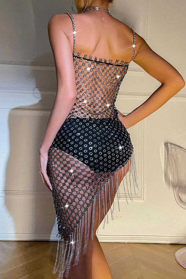 Hollow Plum Blossom Mesh Rhinestone Tassel Mini Dress