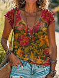Vintage Ethnic Floral Art Print 100%Cotton V-neck T-Shirt