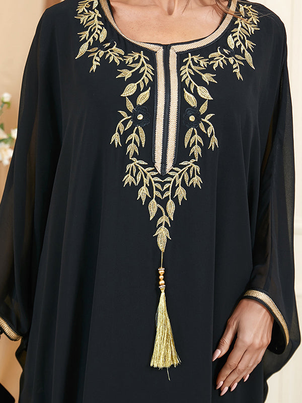 Batwing Sleeves Long Sleeves Embroidered Gauze Tasseled Round-neck Maxi Dresses