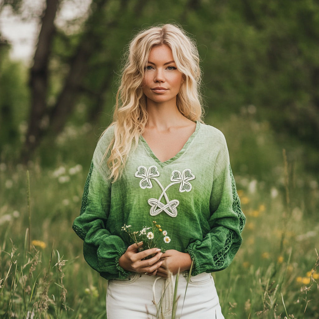 Women's St. Patrick's Shamrock Blend Linen V-neck Shirt elevenforest