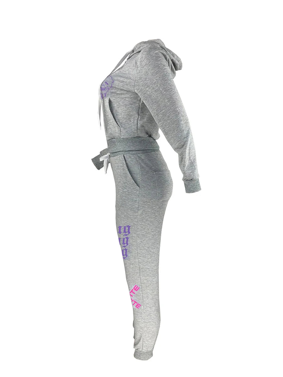 Simple Two Piece Set Sporty Long Sleeve Zipper Design Top Hooded Collar Broken Heart Print Female Tracksuit Set