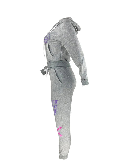 Simple Two Piece Set Sporty Long Sleeve Zipper Design Top Hooded Collar Broken Heart Print Female Tracksuit Set