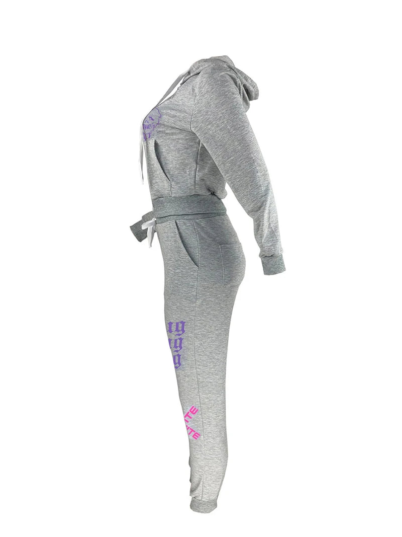Simple Two Piece Set Sporty Long Sleeve Zipper Design Top Hooded Collar Broken Heart Print Female Tracksuit Set