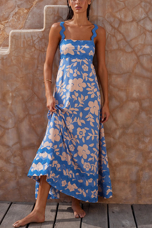Vivi Print Wavy Suspender Side Zip Maxi Dress