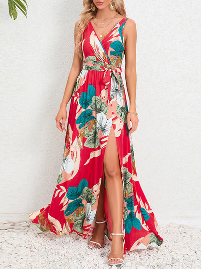 A-line Loose Flower Print Pleated Split-front Tied Waist V-neck Maxi Dresses