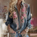 Women's Vintage Floral Embroidery Art Linen Blend Shirt elevenforest