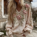 Women's Vintage Pink Rose Art V-neck Cozy Pullover Sweater artswardrobe