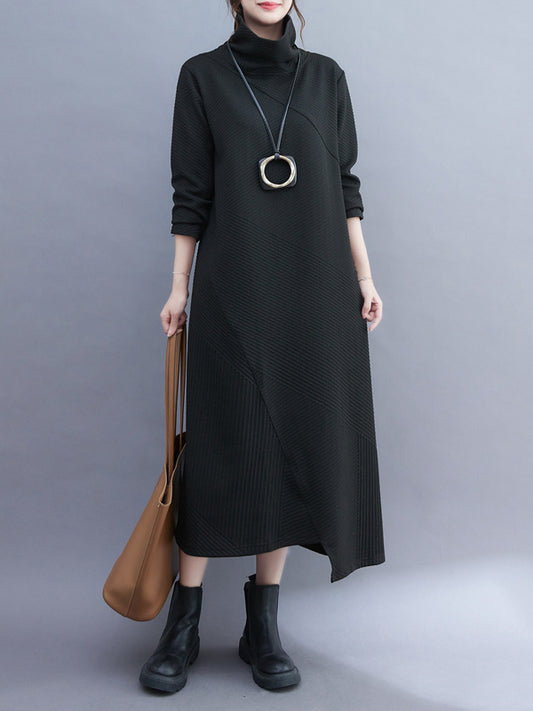 Irregularity Long Sleeves Color High-neck Midi Dresses