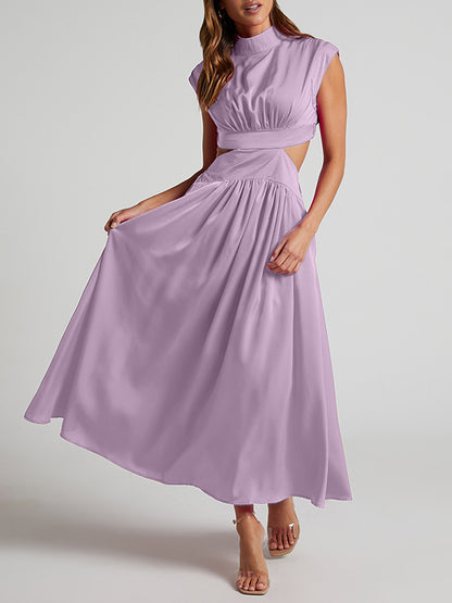 Cap Sleeve Belly-hollow Pleated Color Stand Collar Maxi Dresses