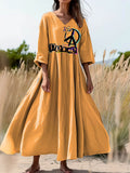 Women's Peace Loving Hippie Art Print Flowing V-Neck Cotton Dress