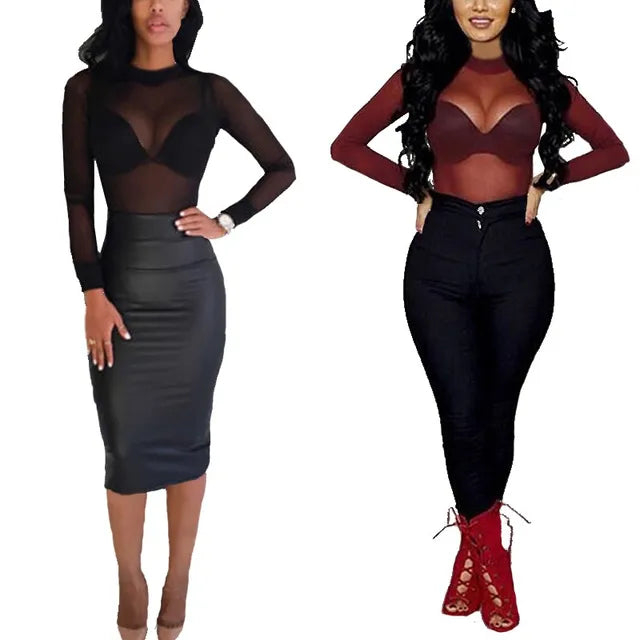 T Shirt See Through Transparent Mesh Tops Long Sleeve Sheer Slim Turtleneck T-shirt