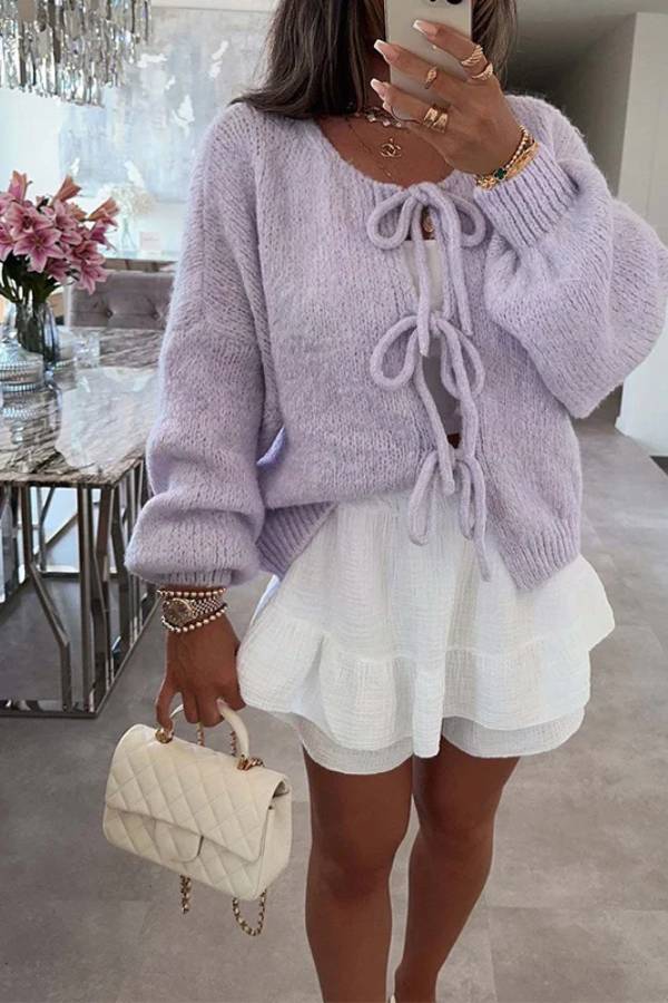 Stylish Color Crew Neck Lace-up Sweater