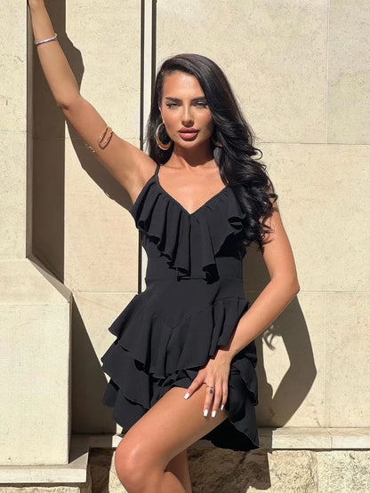 Deep V Neck Beach Dress Summer Slim Pleated Ruffle Dresses Holiday Backless Maxi Dresses for
