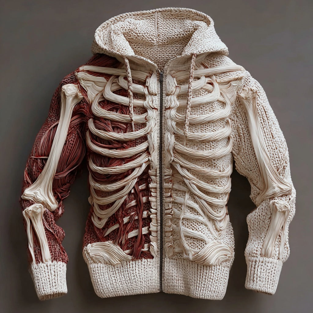 Comstylish Men's Retro Contrast Skull Art Comfort Zip Hooded Sweater