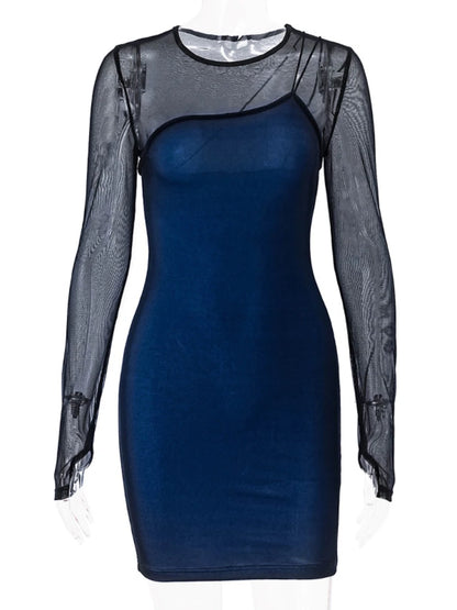 Lace Splice Mini Dress for Mesh Long Sleeve O Neck Sheath Dresses Femme Holiday Slim Dress