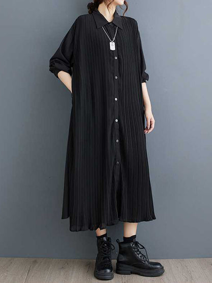 A-line Long Sleeves Buttoned Pleated Pockets Split-joint Lapel Midi Dresses Shirt Dress